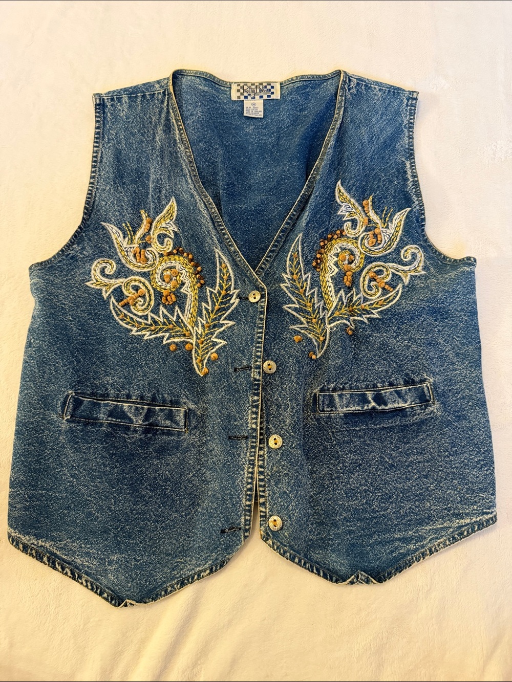 Embroidered Blue Denim Vest with Ornate Floral Detail